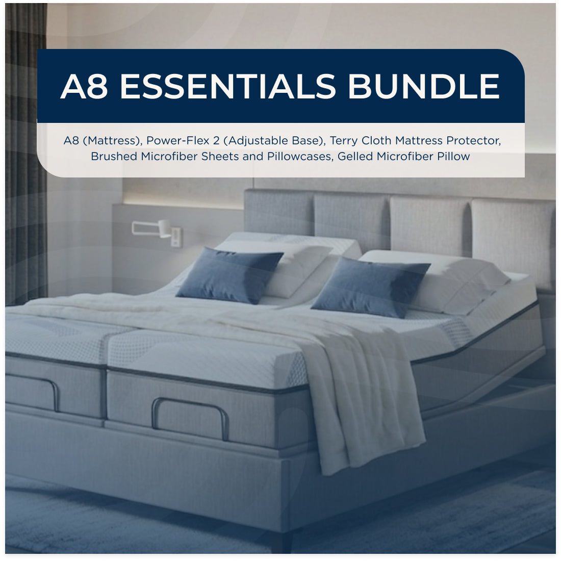 A bed setup in a bedroom scene with an A8 mattress, Power-Flex 2 adjustable base, and bedding, overlaid with the text 'A8 ESSENTIALS BUNDLE' and a product description.